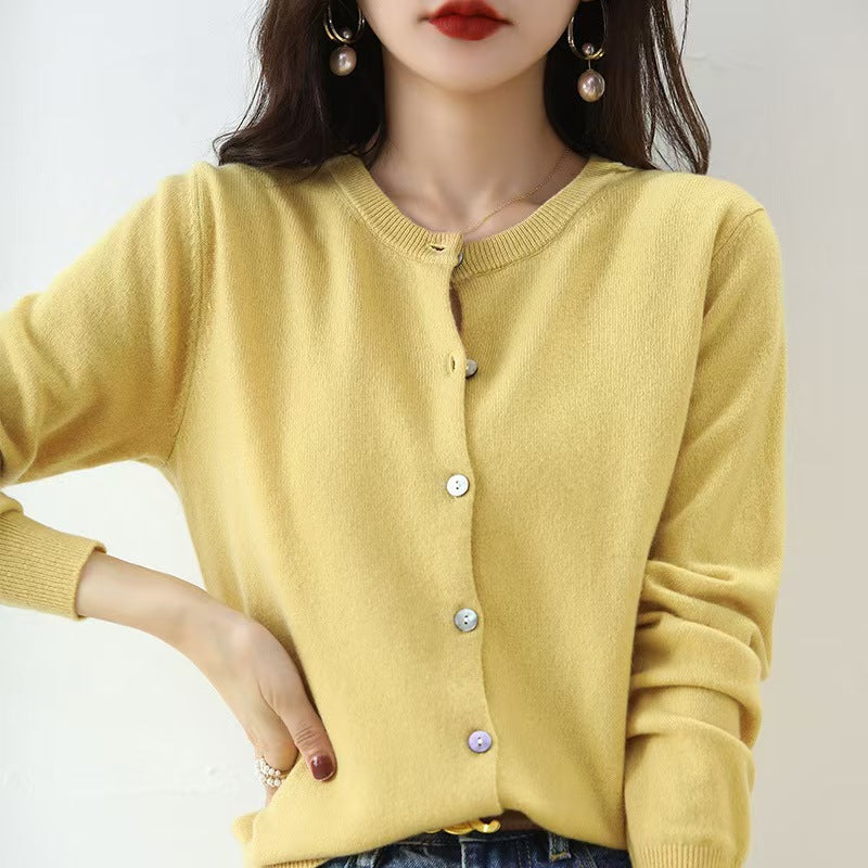 The Celia Fine-Knit Crewneck Cardigan in Light Yellow