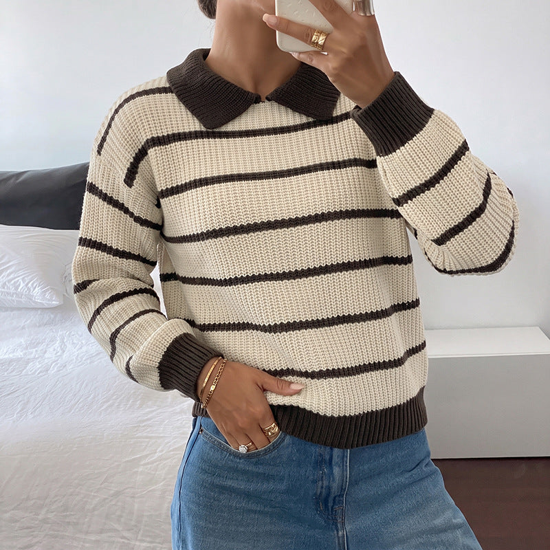 The Rory Striped Polo-Collar Sweater in Brown Stripe