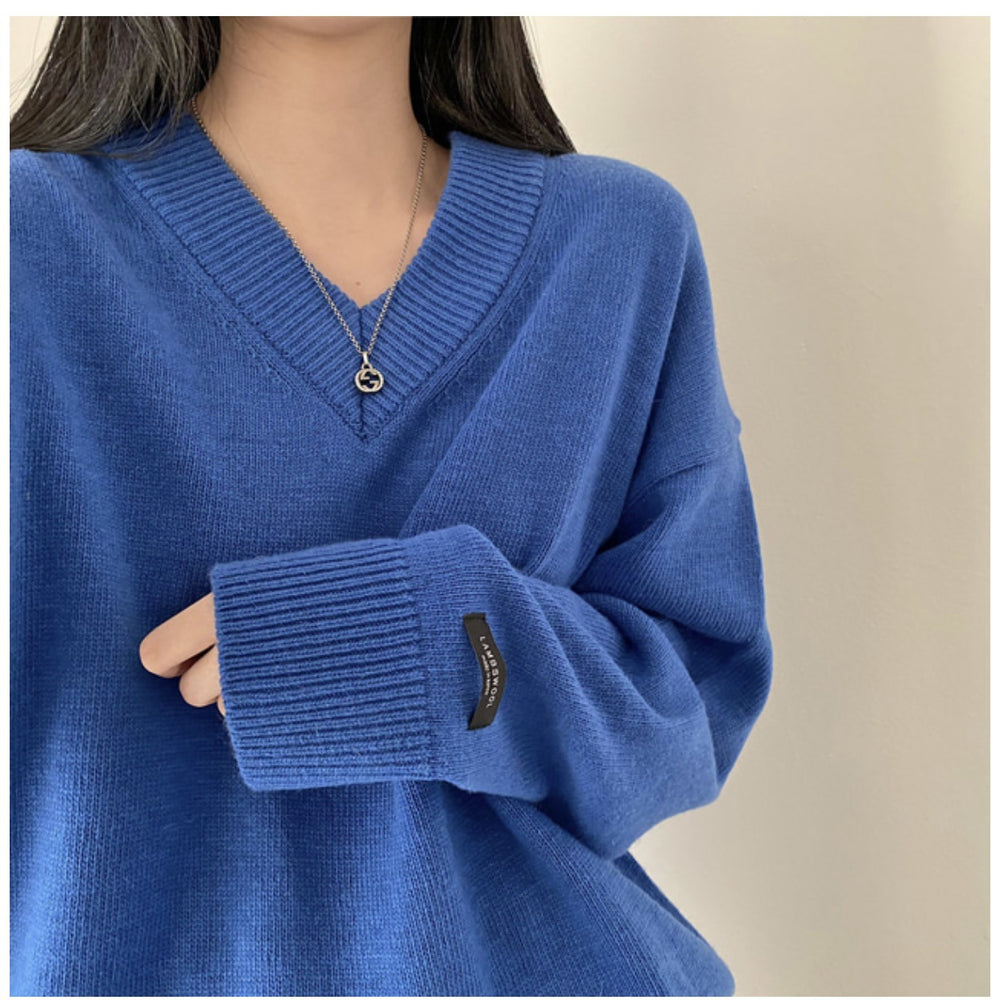The Harper Oversized V-Neck Sweater in Blue