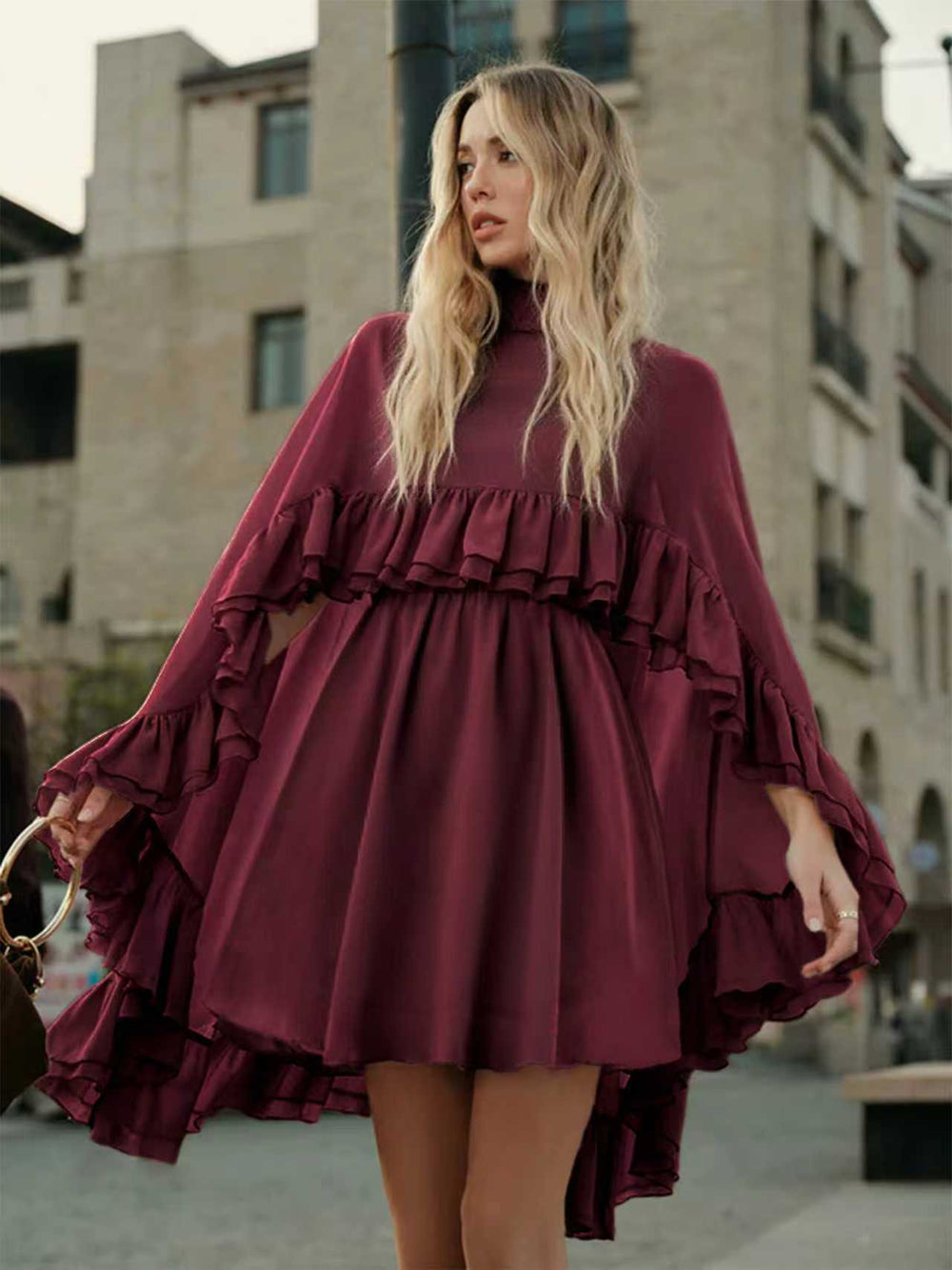 The Audrey Two-Piece Mock-Neck Sleeveless Top & A-Line Midi Skirt Set in Burgundy