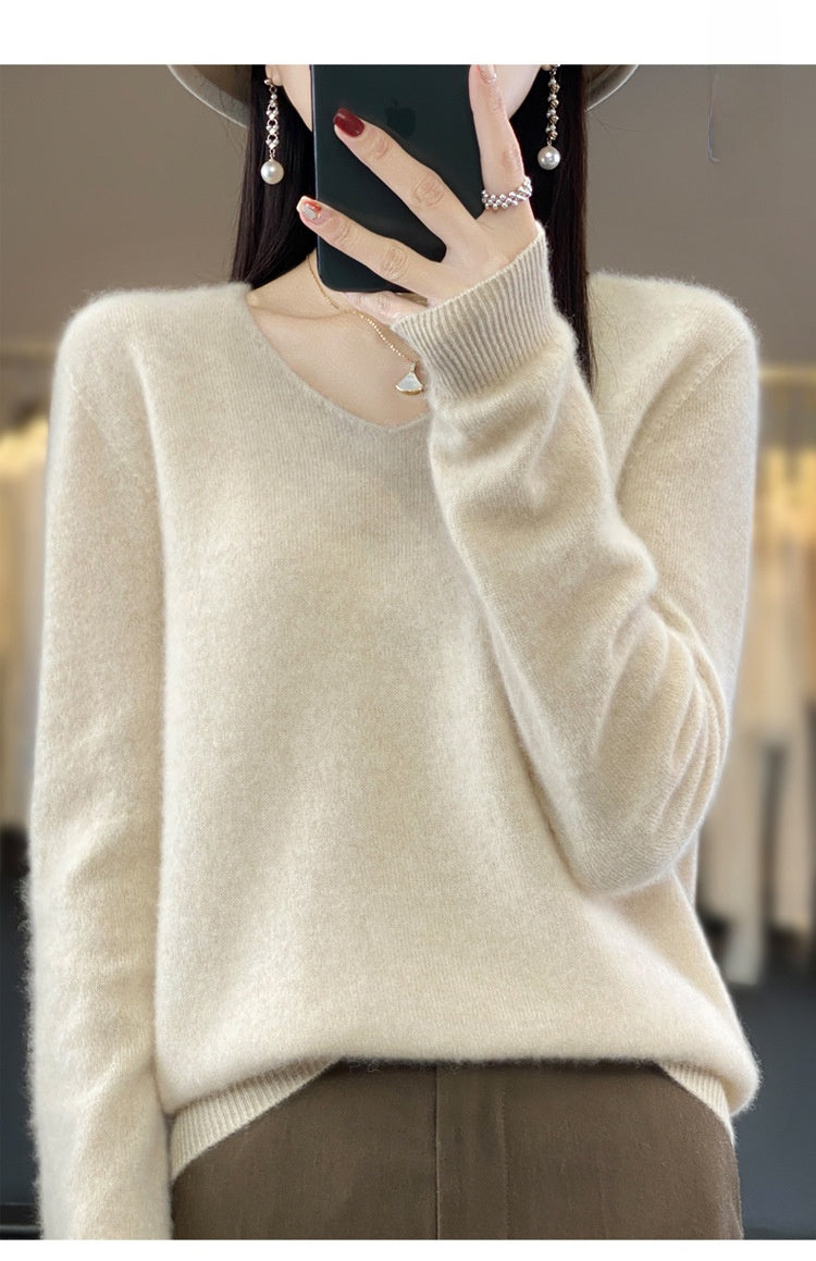 The Ada Relaxed V-Neck Knit Sweater in Off-White