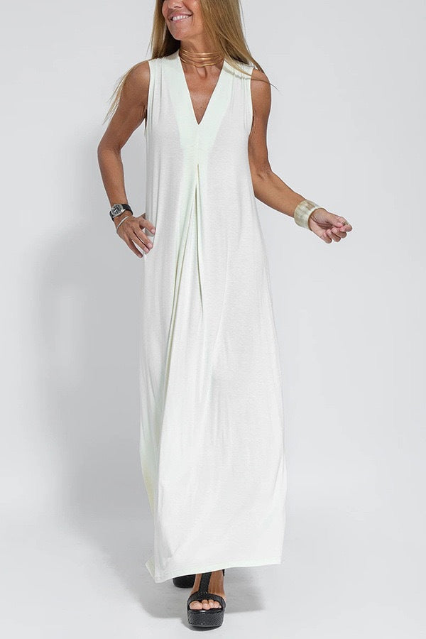 The Solstice Two-Piece Pleated V-Neck Maxi Dress & Duster Cardigan Set in White - Maxi Dress