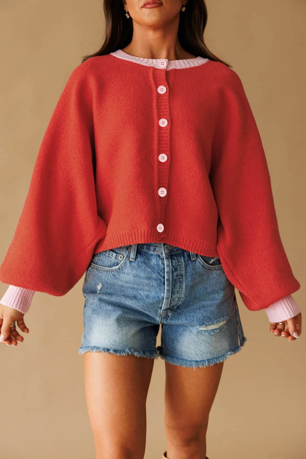 The Josephine Crewneck Batwing Cardigan in Red