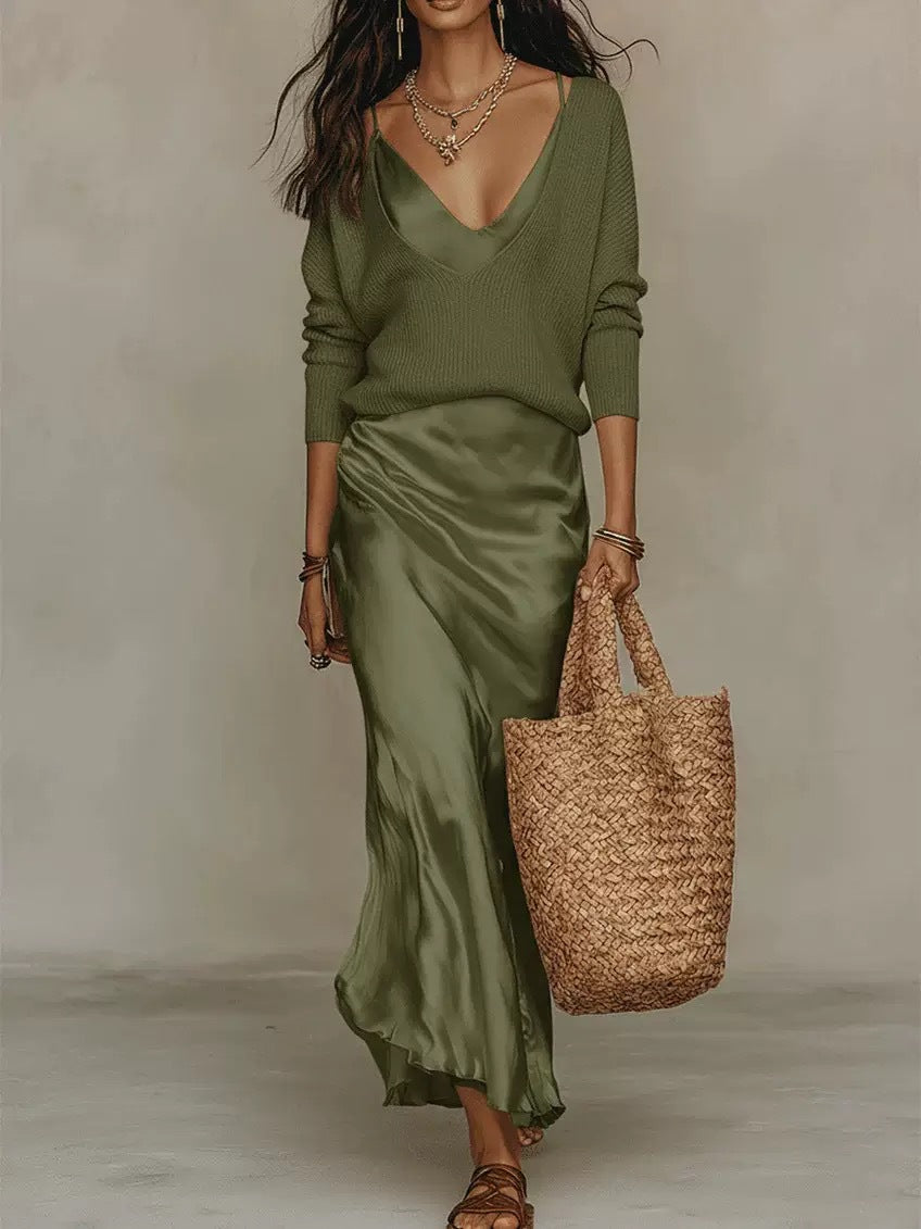 The Étoile Two-Piece Slouchy Knit Top & Liquid Satin Slip Dress Set in Dark green