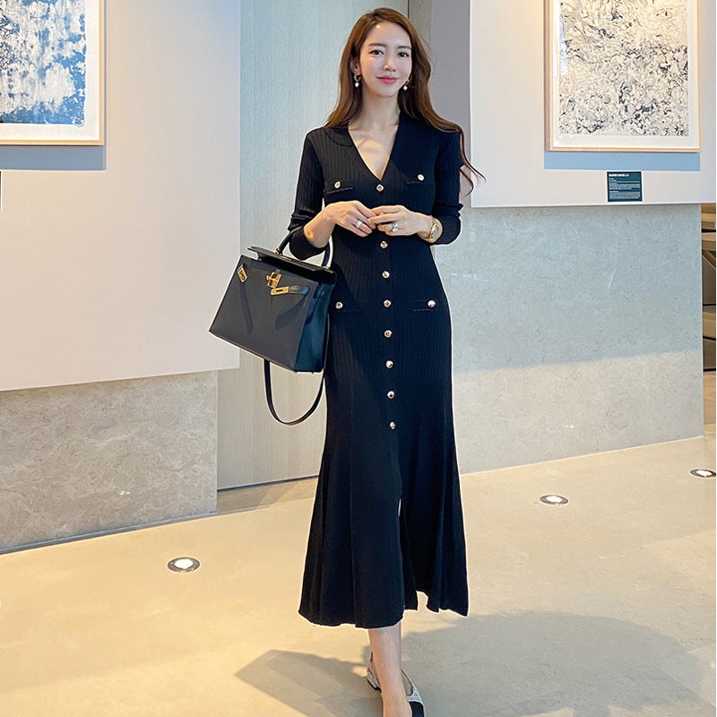 Womens V-Neck Slim-Fit Knit Long Dress