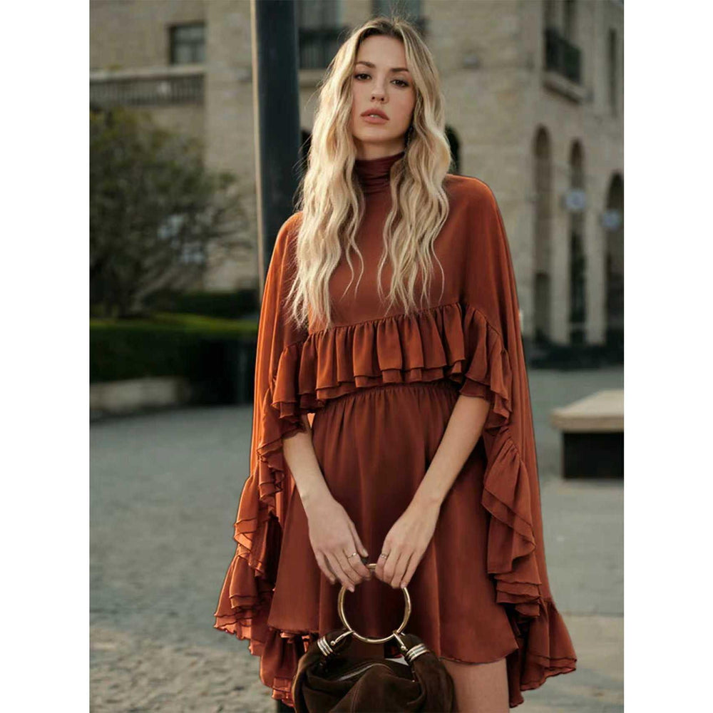 The Audrey Two-Piece Mock-Neck Sleeveless Top & A-Line Midi Skirt Set in Light Brown