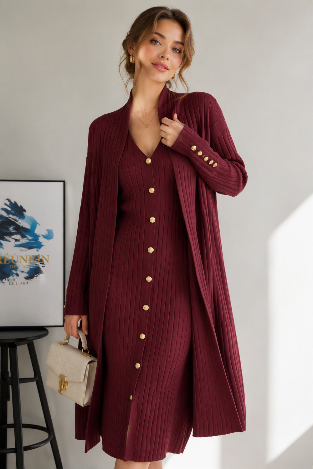 Ribbed Knit Longline Cardigan & Sleeveless V-Neck Dress Set, photo 4
