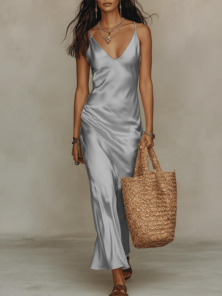 The Céline Two-Piece Slouchy V-Neck Knit Top & Satin Slip Dress Set in Gray