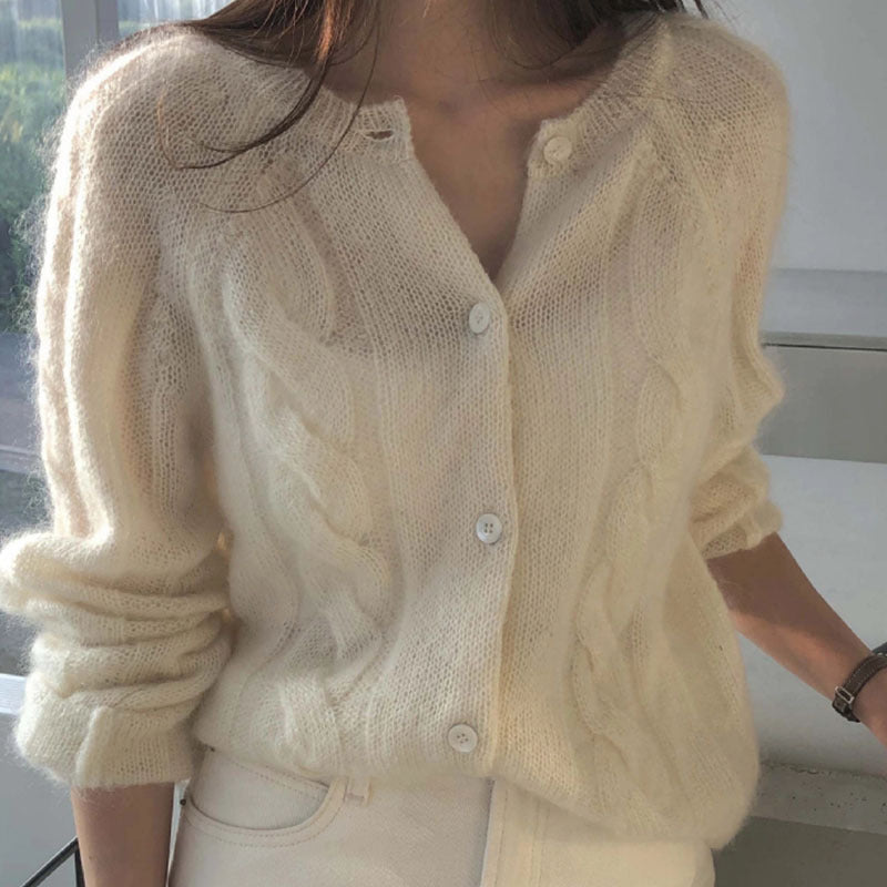 The Ines Brushed Crewneck Cardigan in Oatmeal