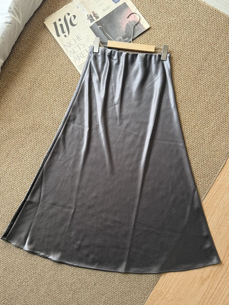 The Odette Triacetate Satin Mermaid Midi Skirt in Silver Gray