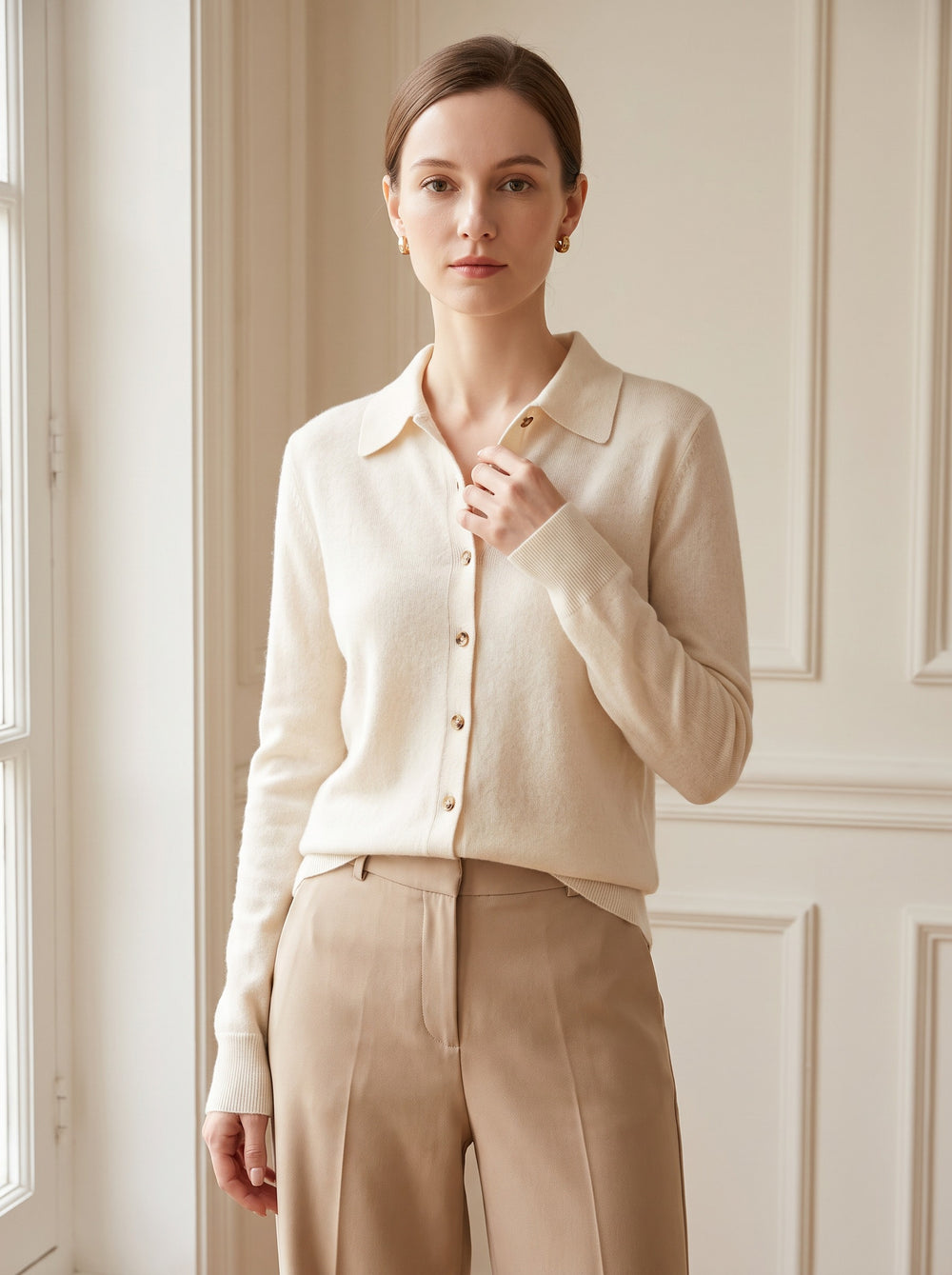 The Audra Polo-Collar Knit Cardigan in Cream