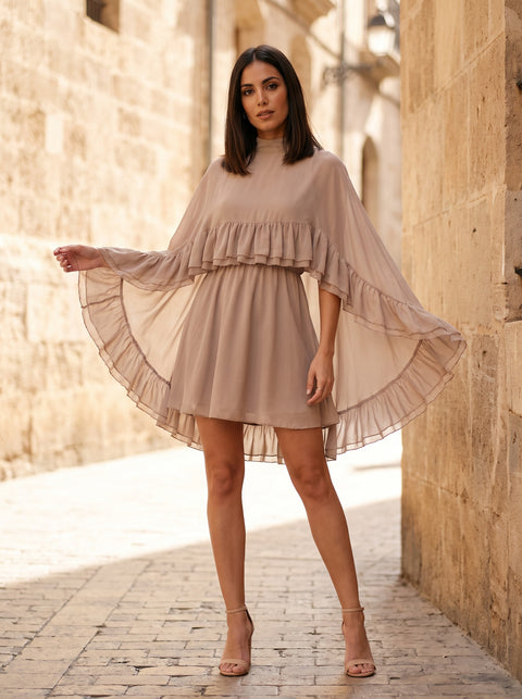 The Audrey Two-Piece Mock-Neck Sleeveless Top & A-Line Midi Skirt Set in Beige