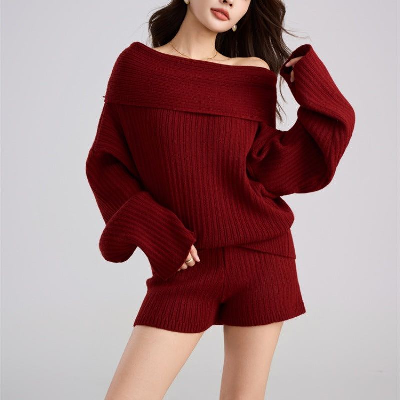 The Elise One-Shoulder Knit Top & Shorts Set in Red