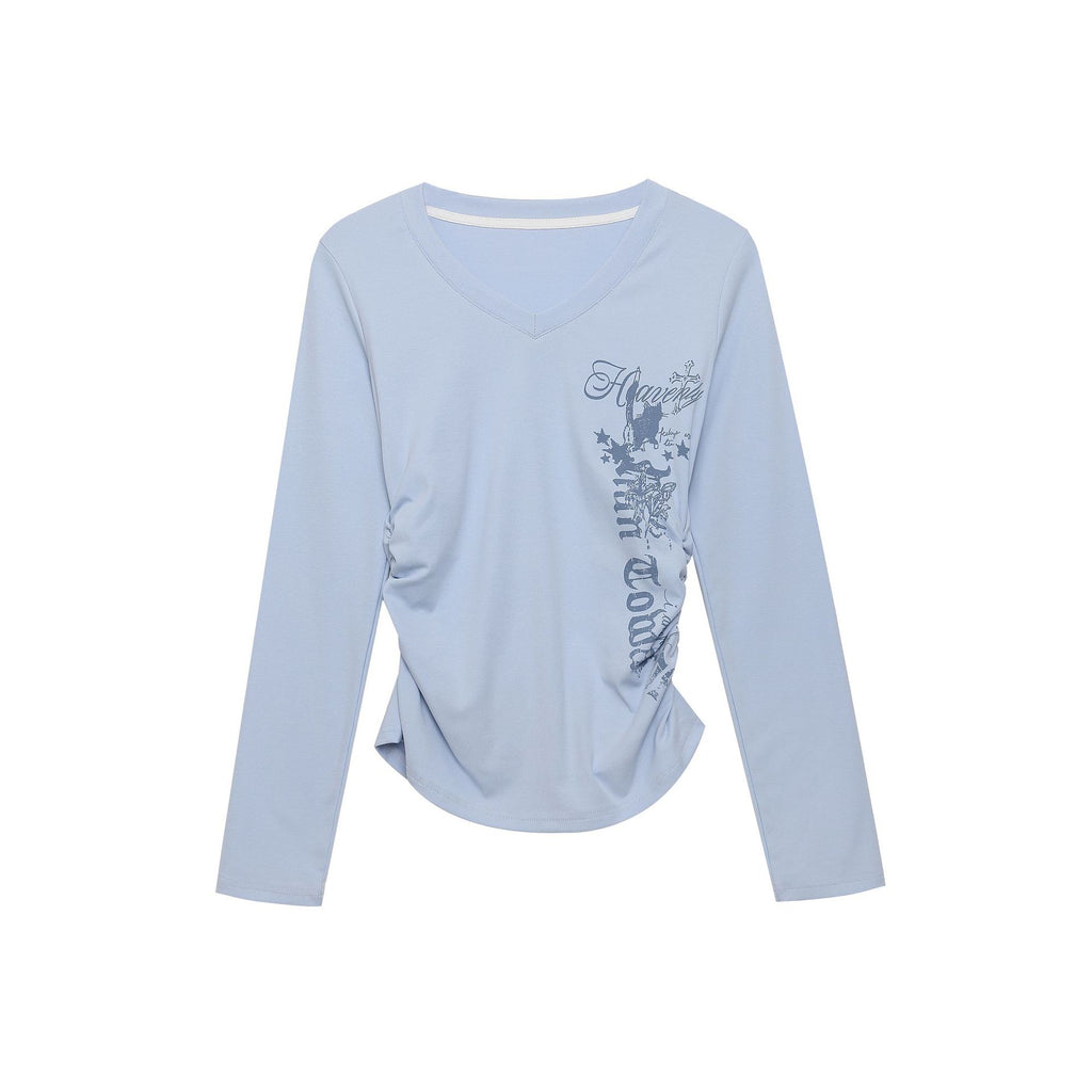 Womens Letter Print V-Neck T-Shirt