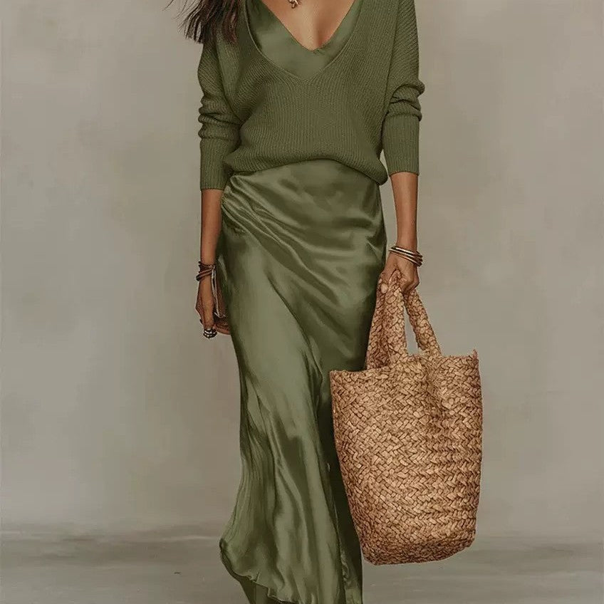 The Céline Two-Piece Slouchy V-Neck Knit Top & Satin Slip Dress Set, photo 5