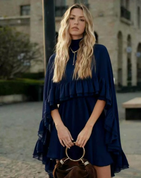 The Audrey Two-Piece Mock-Neck Sleeveless Top & A-Line Midi Skirt Set in Navy Blue