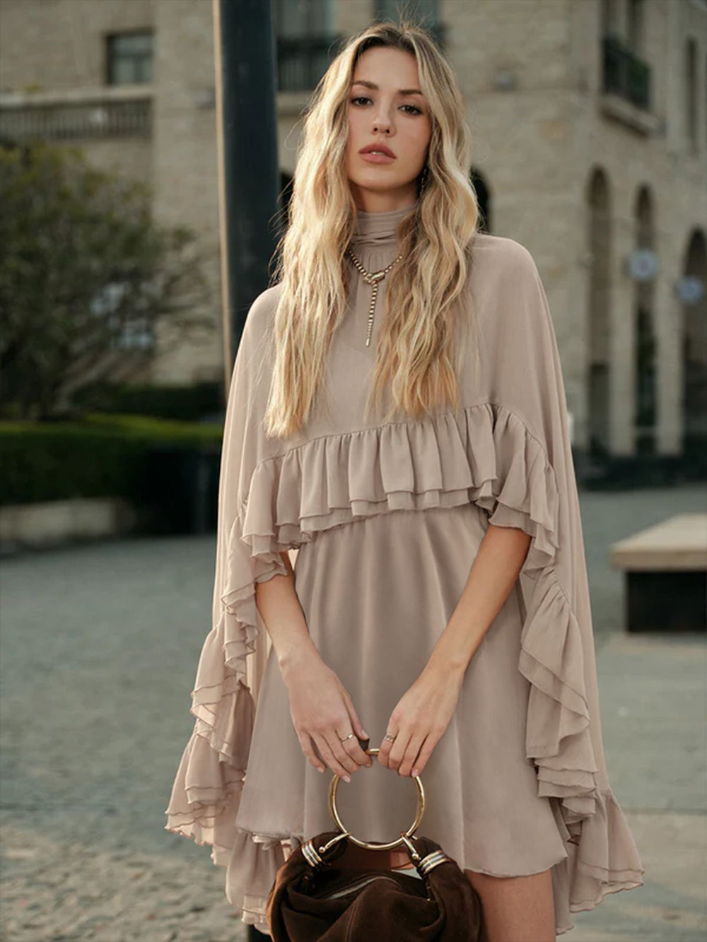 The Audrey Two-Piece Mock-Neck Sleeveless Top & A-Line Midi Skirt Set in Khaki