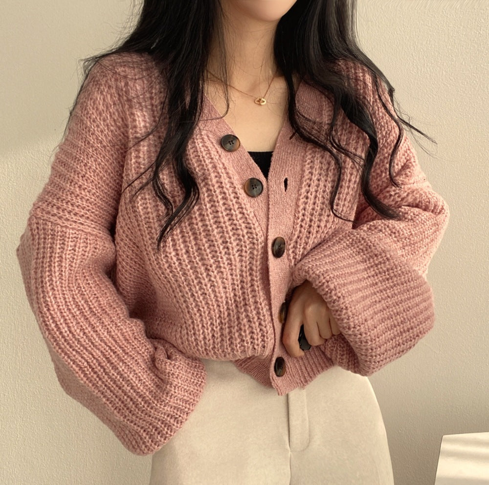 The Camille Chunky Rib Lantern-Sleeve Cardigan in Blush Pink