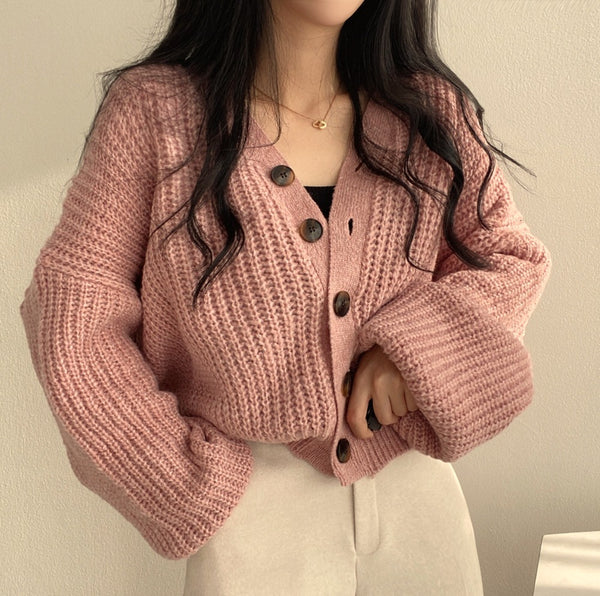 The Camille Chunky Rib Lantern-Sleeve Cardigan in Blush Pink