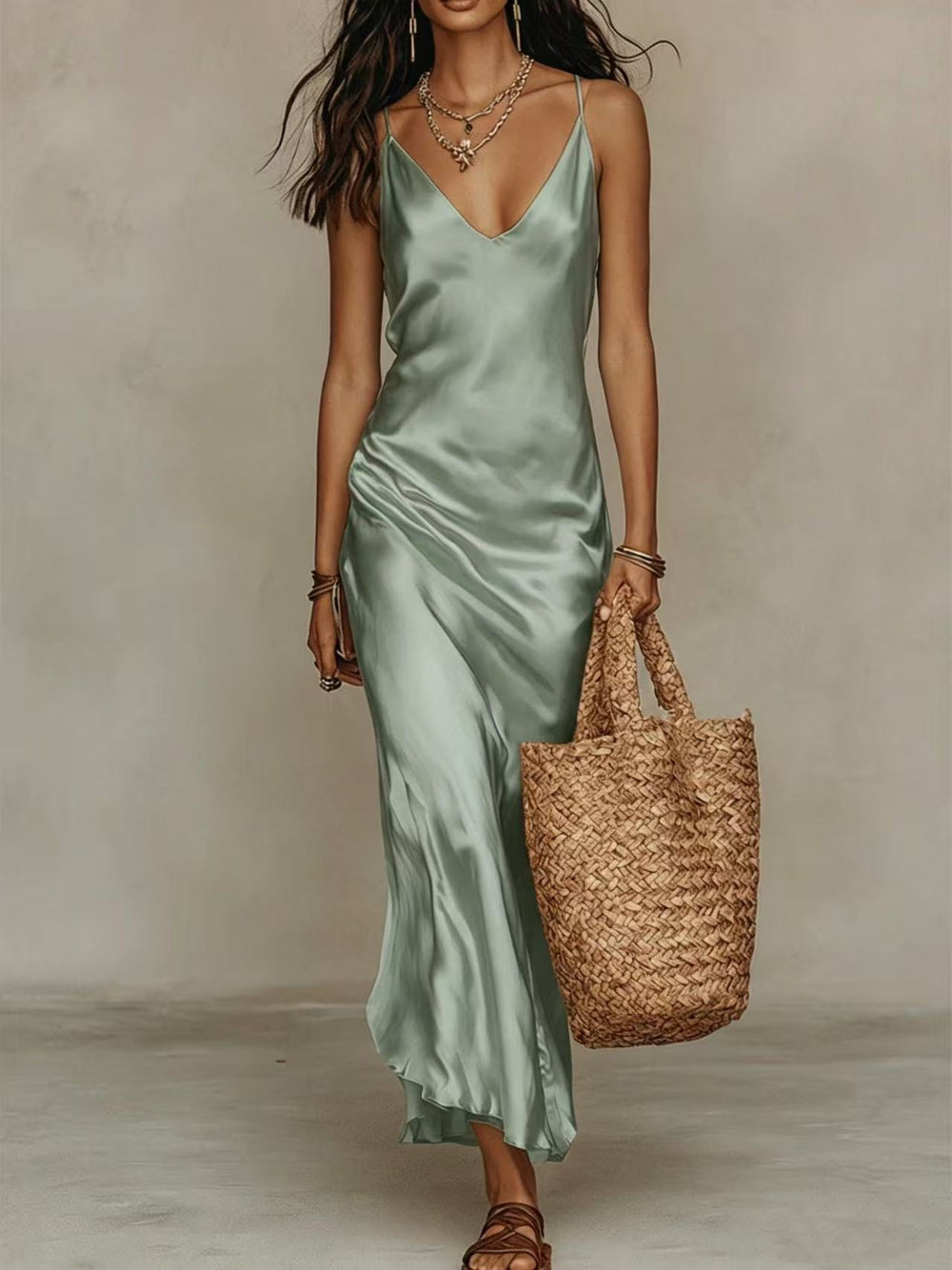 The Céline Two-Piece Slouchy V-Neck Knit Top & Satin Slip Dress Set in Sage Green