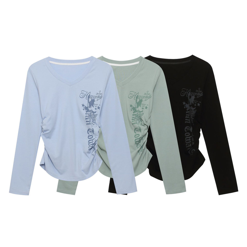 Womens Letter Print V-Neck T-Shirt