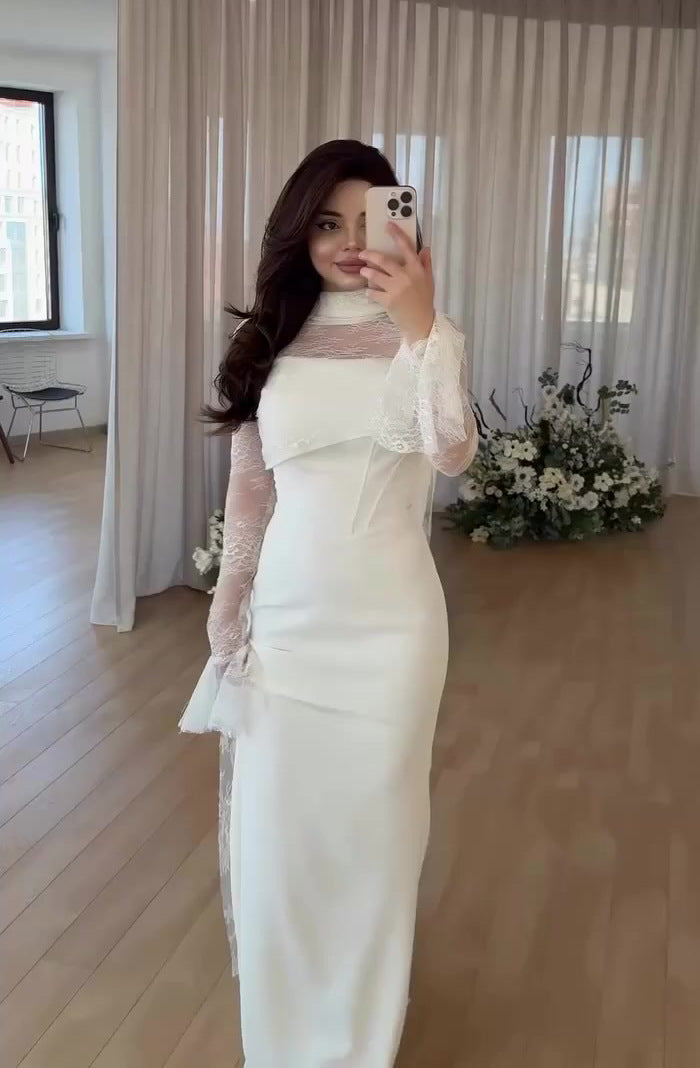 The Lumière Lace-Accented Mermaid Maxi Dress in White