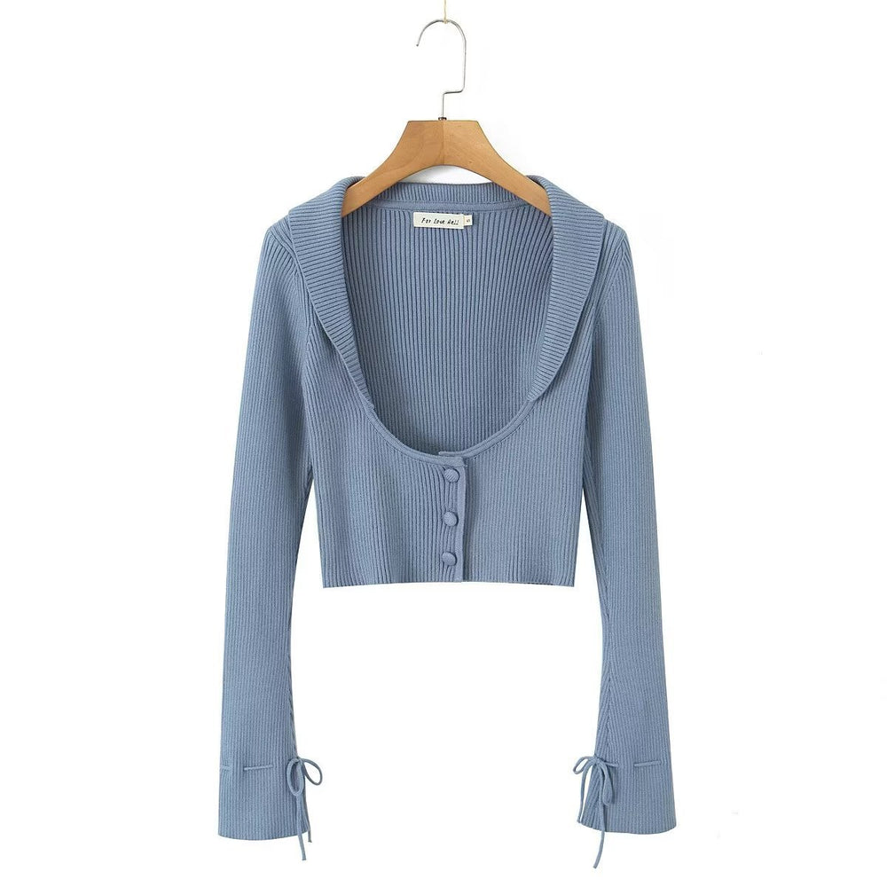 The Margot Three-Piece Knit Set in Blue cardigan