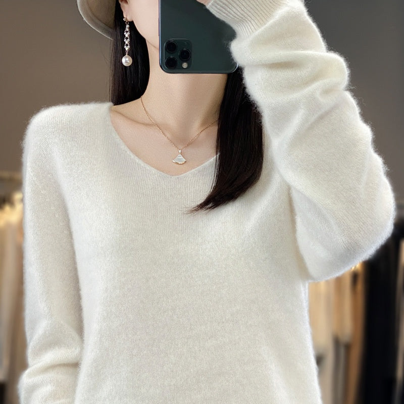 The Ada Relaxed V-Neck Knit Sweater in White