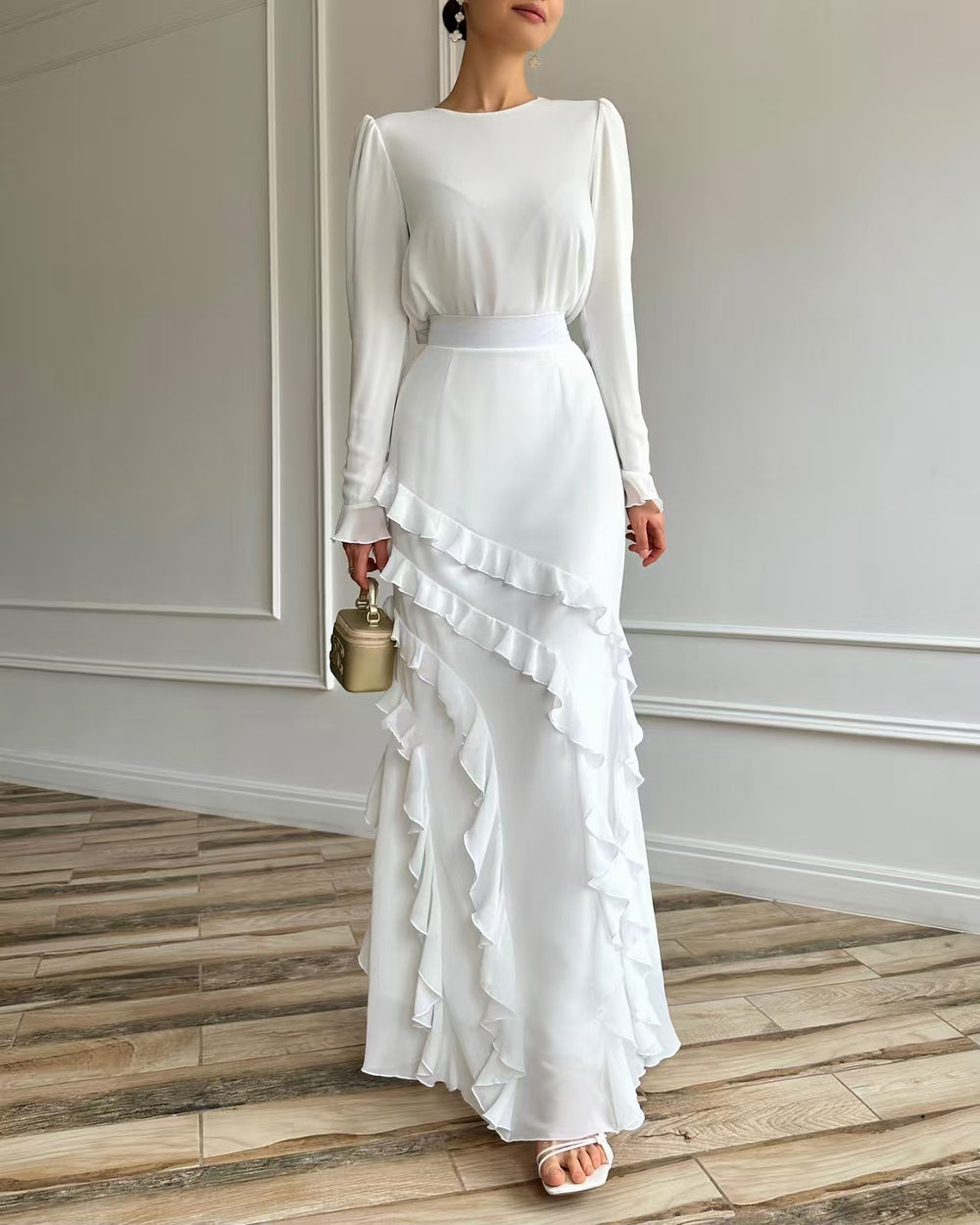 The Belladonna Ruffle-Trimmed Chiffon Maxi Dress in White