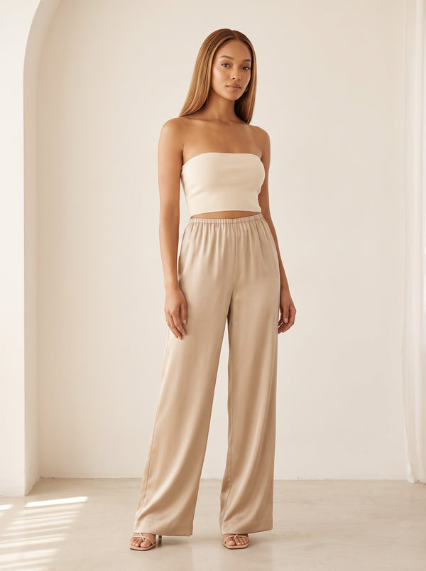 The Celeste Satin-Finish High-Waist Wide-Leg Pants in Champagne