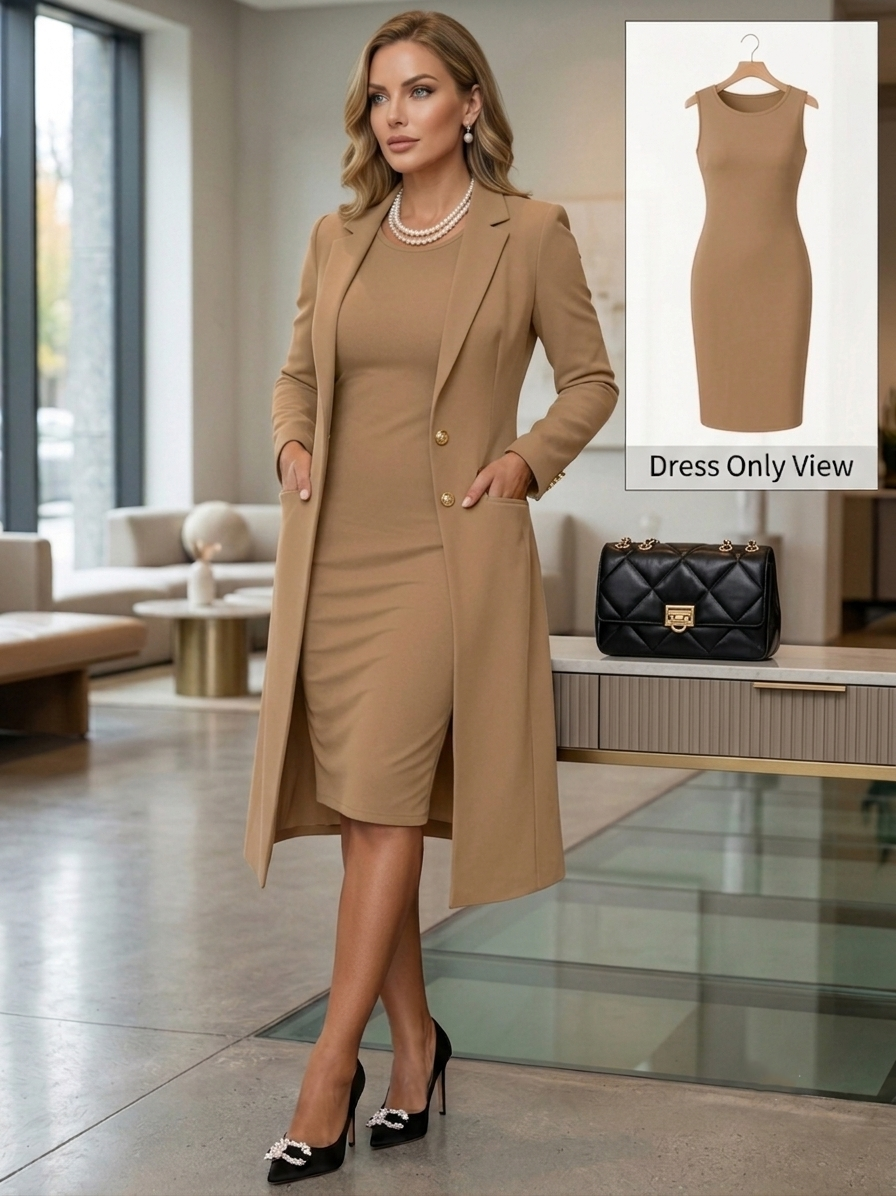 The Sovereign Two-Piece Tailored Duster & Sheath Midi Set in Apricot 28