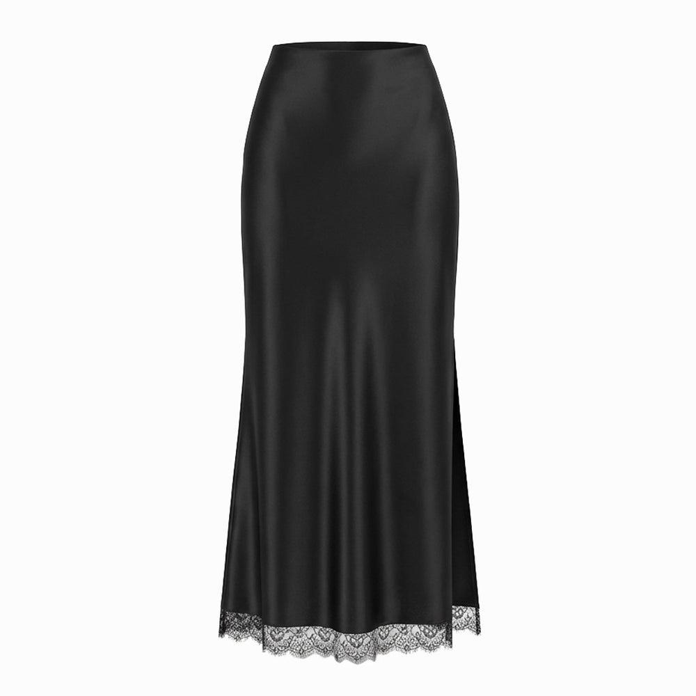 The Liora Lace-Trim Satin Slit Midi Skirt in Black