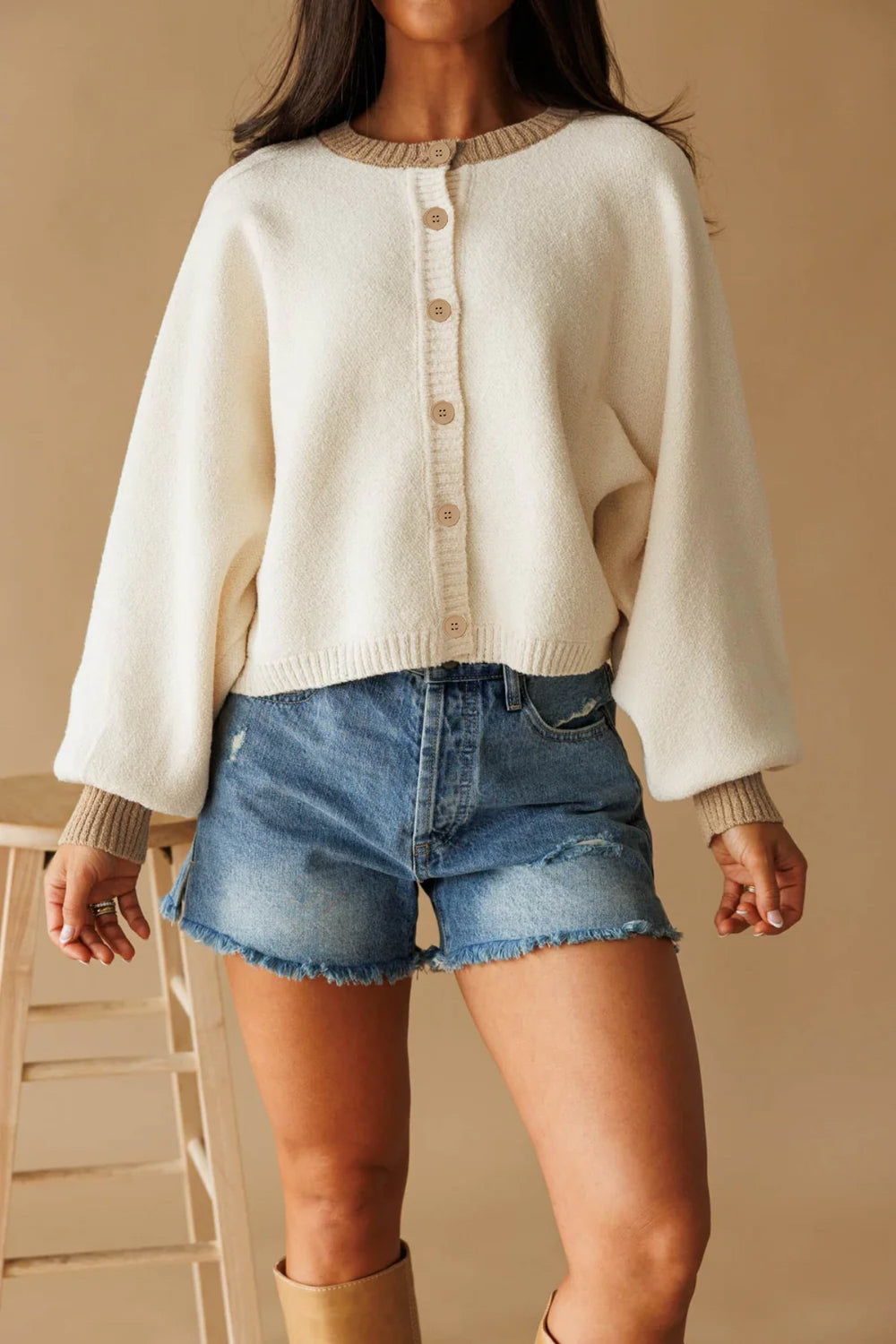 The Josephine Crewneck Batwing Cardigan in Cream