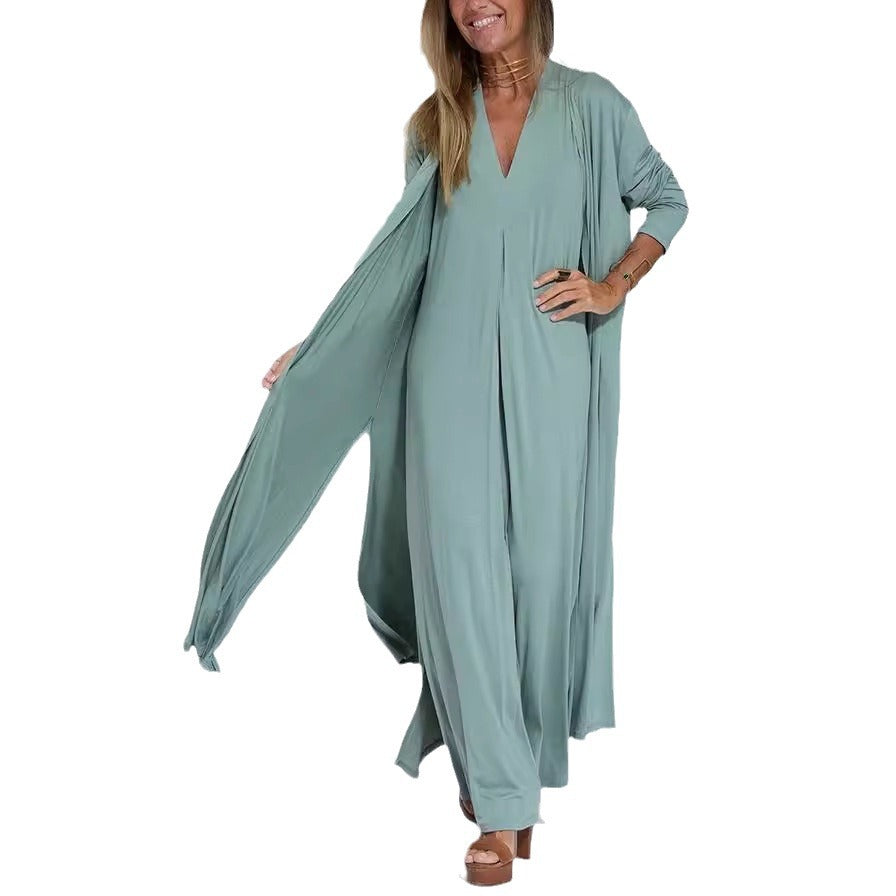 The Solstice Two-Piece Pleated V-Neck Maxi Dress & Duster Cardigan Set, photo 6
