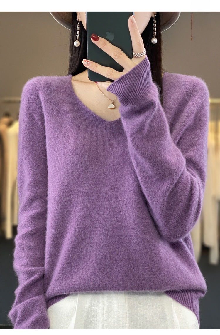 The Ada Relaxed V-Neck Knit Sweater in Purple