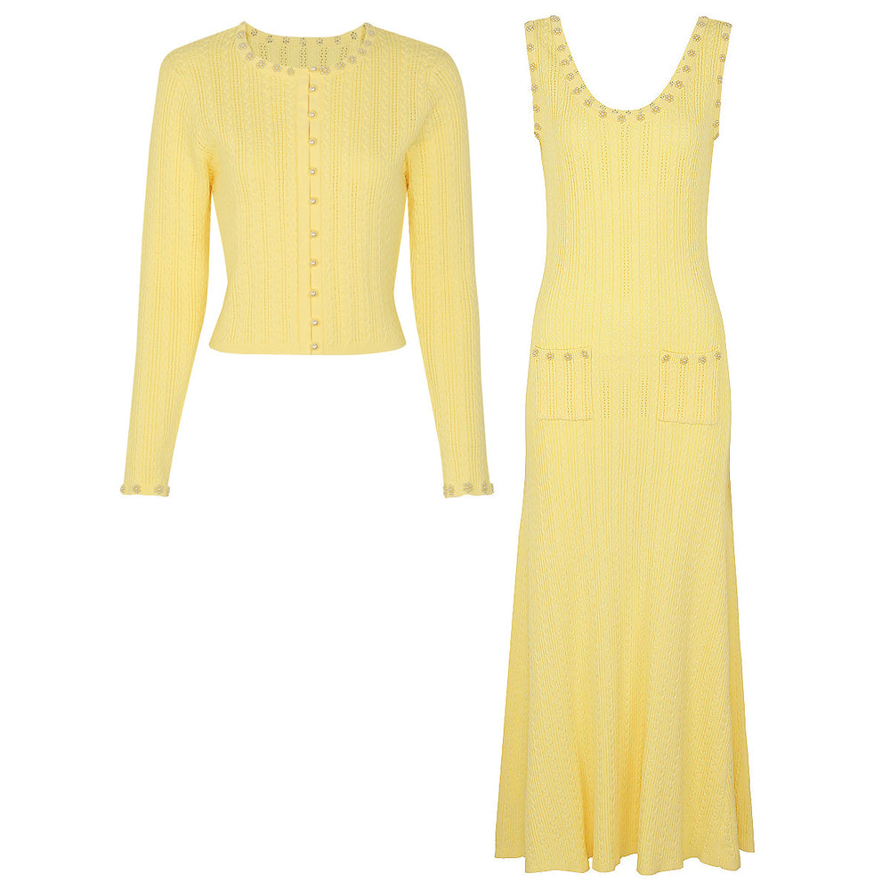 The Lumina Two-Piece Viscose Knit Cardigan & Sleeveless Slip Dress Set in Yellow - Complete Set