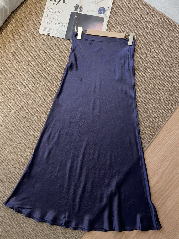 The Odette Triacetate Satin Mermaid Midi Skirt in Navy