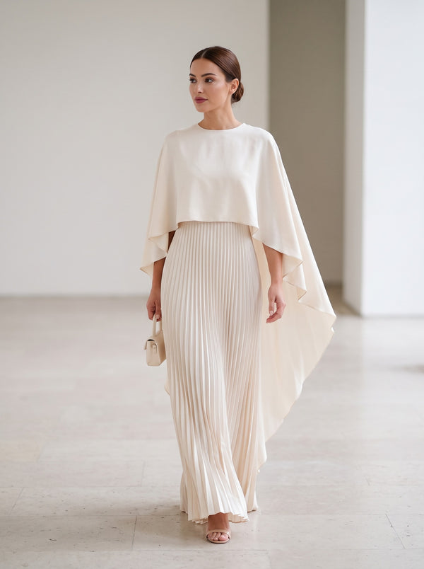 The Elysian Two-Piece Column Maxi Dress & Draped Shawl Set in Off-white