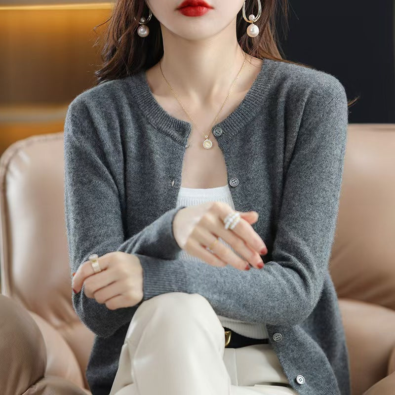 The Celia Fine-Knit Crewneck Cardigan in Dark Gray