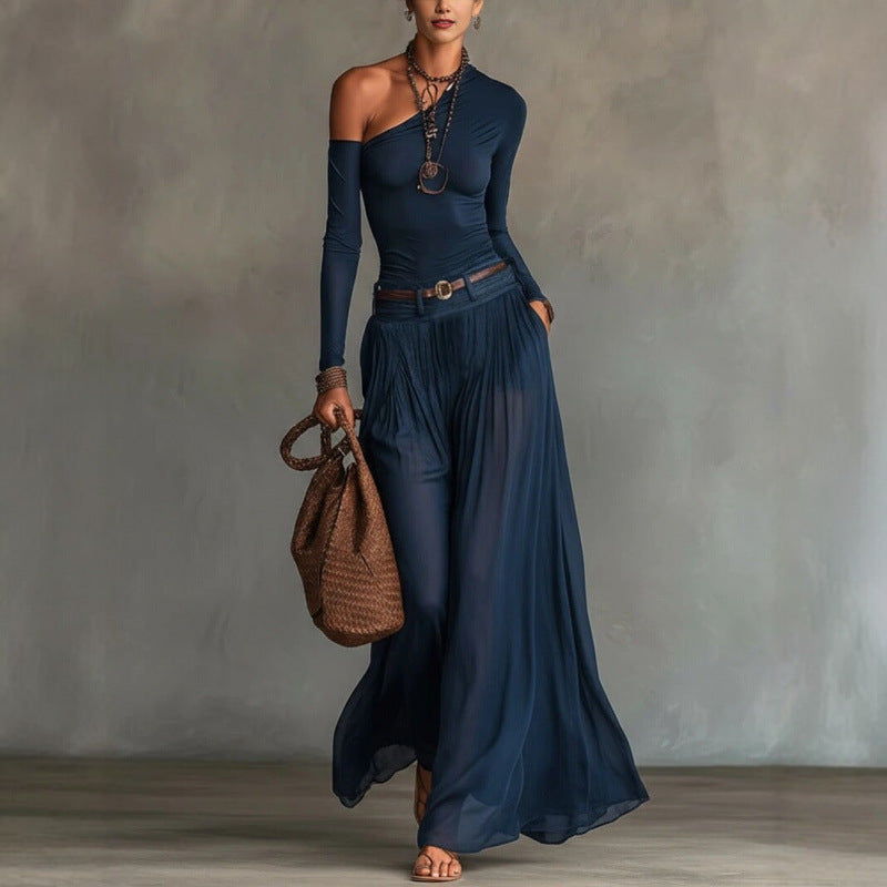 The Mirabeau Asymmetric One-Shoulder Draped Maxi Dress in Navy blue