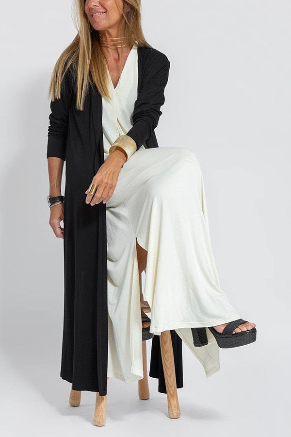 The Solstice Two-Piece Pleated V-Neck Maxi Dress & Duster Cardigan Set in Black - Duster Cardigan
