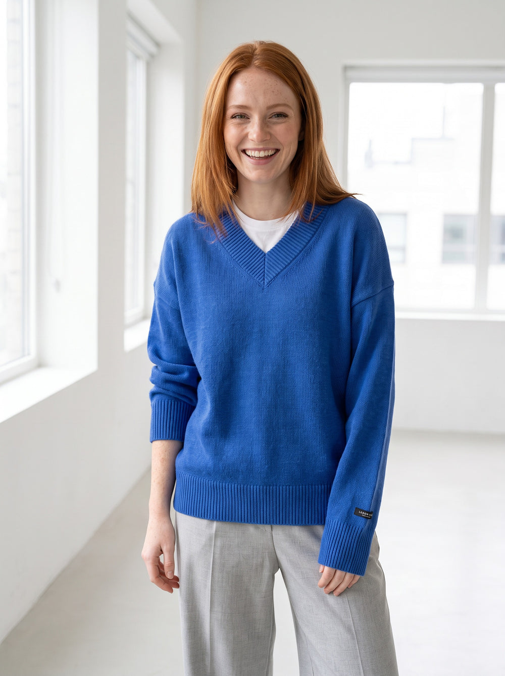 The Harper Oversized V-Neck Sweater in Blue