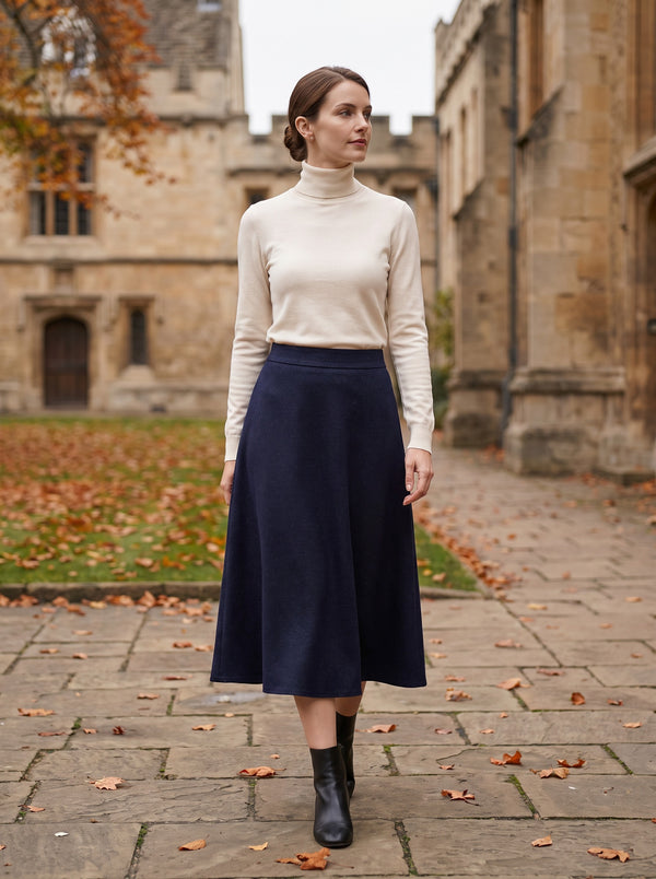 The Isla Woolen A-Line Midi Skirt in Navy