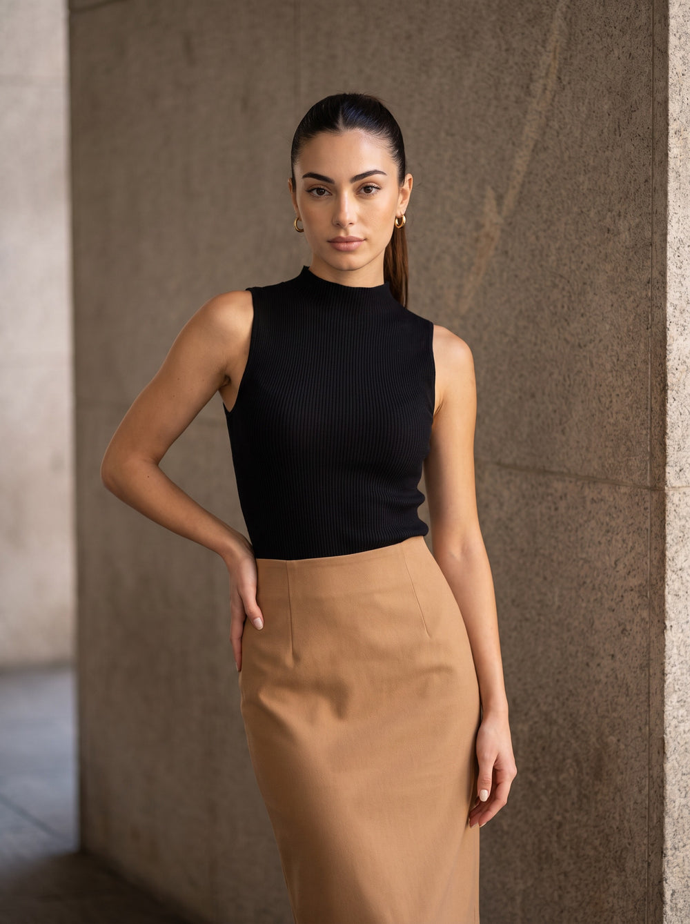 The Lina Sleeveless Mock-Neck Knit Top in Black