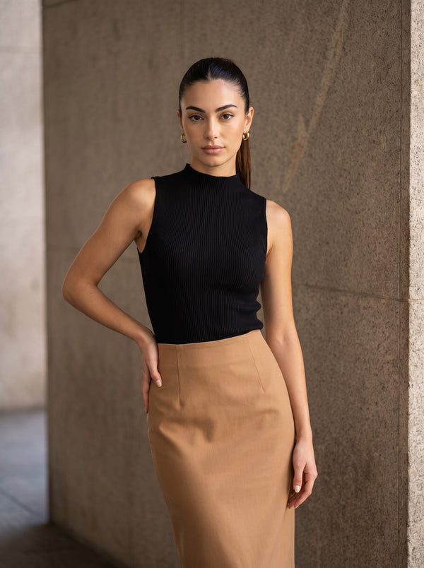 The Lina Sleeveless Mock-Neck Knit Top in Black