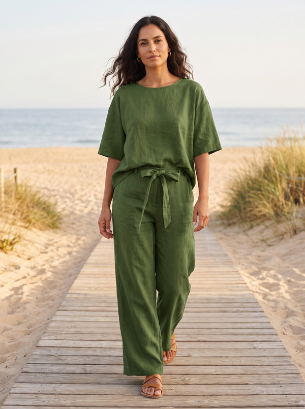 Linen-Blend Short-Sleeve Top & Wide-Leg Pants Set with Belt in Military Green