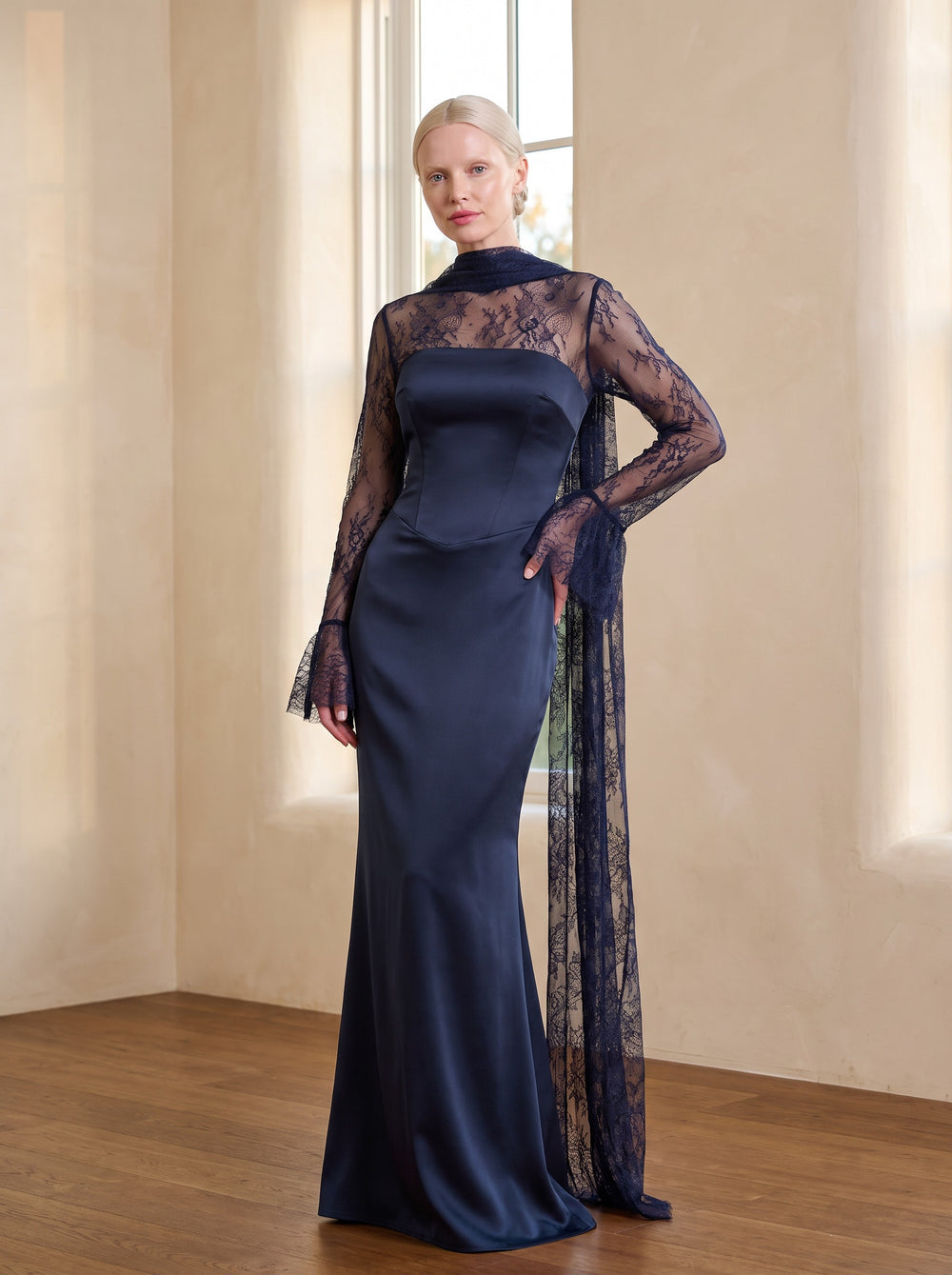 The Lumière Lace-Accented Mermaid Maxi Dress in Navy