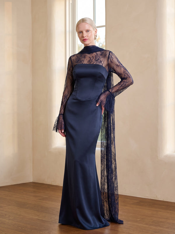 The Lumière Lace-Accented Mermaid Maxi Dress in Navy