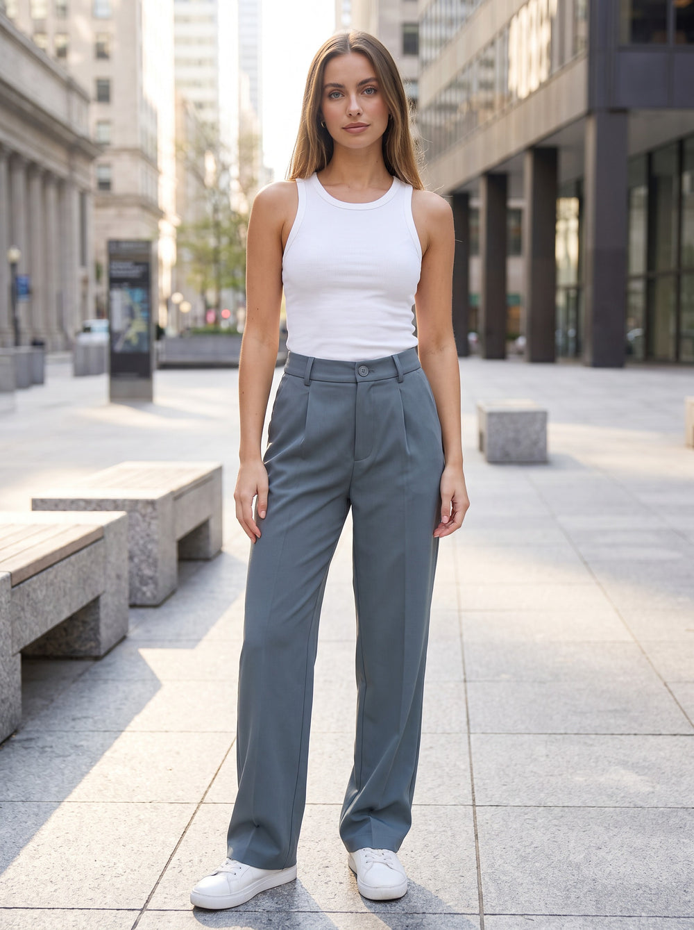 The Maeve Pleated Straight-Leg Trousers in Slate Gray