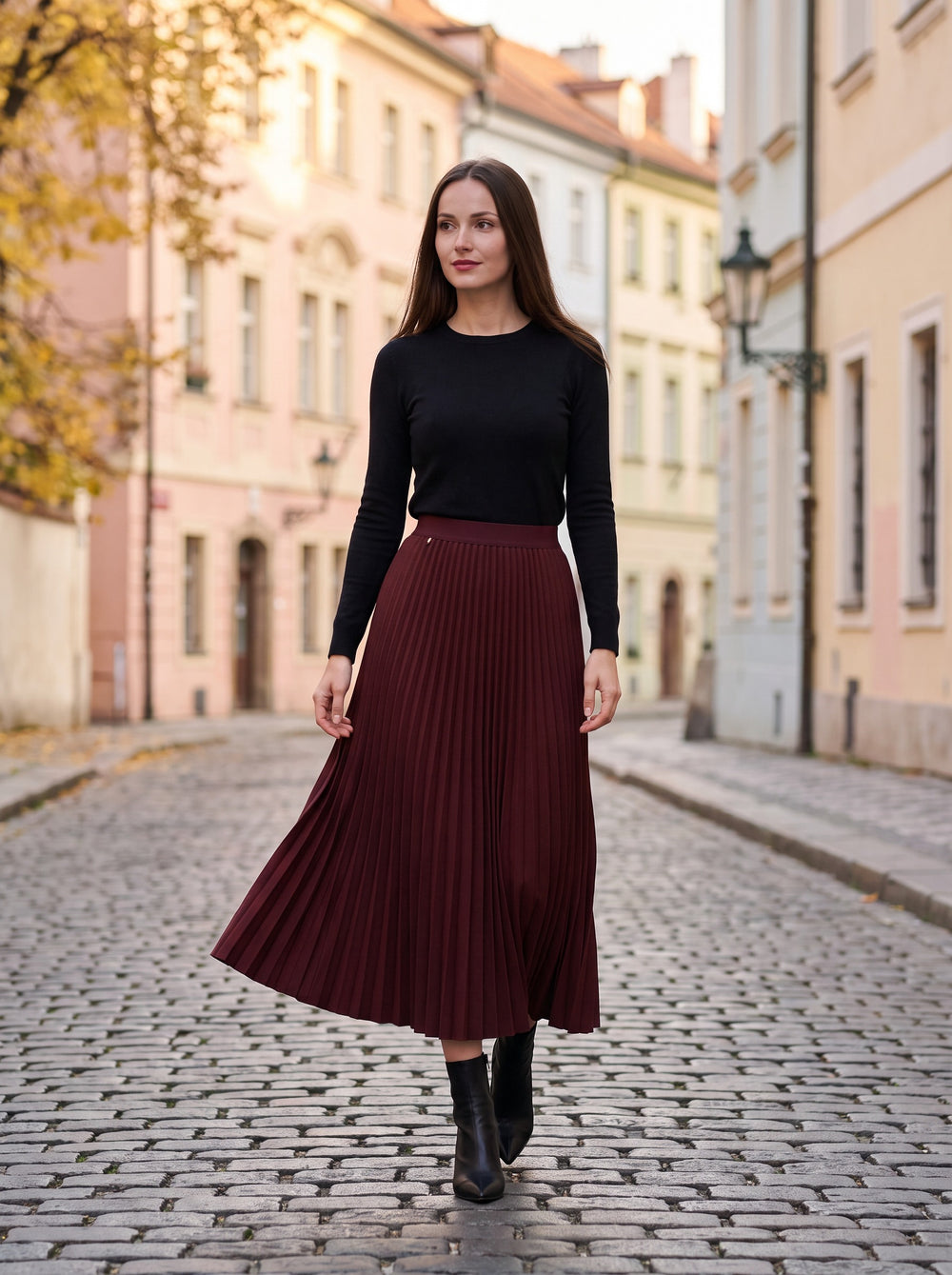 The Maren Draped Pleated Midi Skirt in Wine